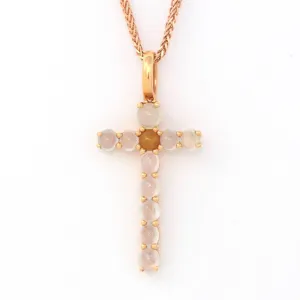 18k Rose Gold White Translucent Burmese Ice & Yellow Jadeite Cross Pendant Necklace