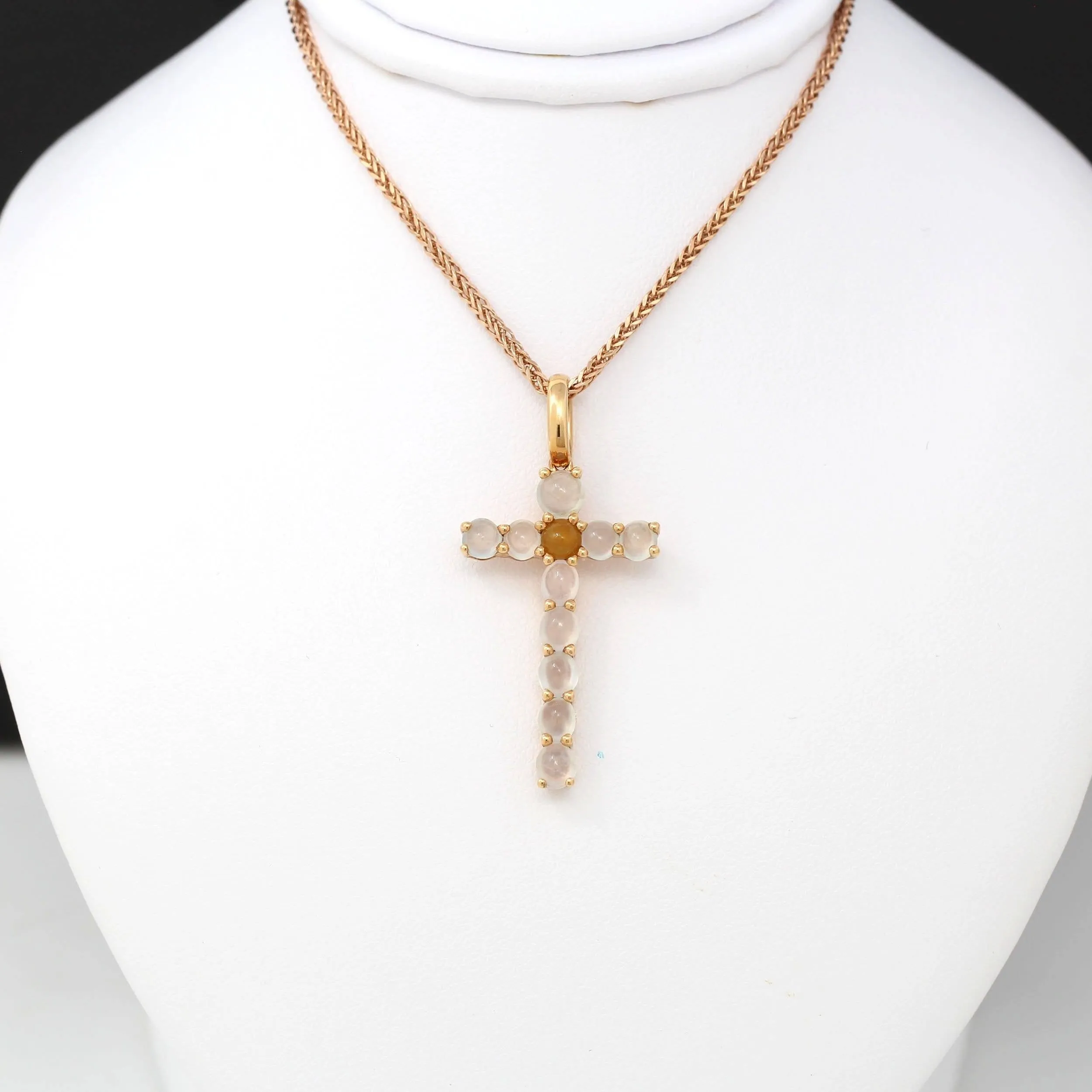 18k Rose Gold White Translucent Burmese Ice & Yellow Jadeite Cross Pendant Necklace