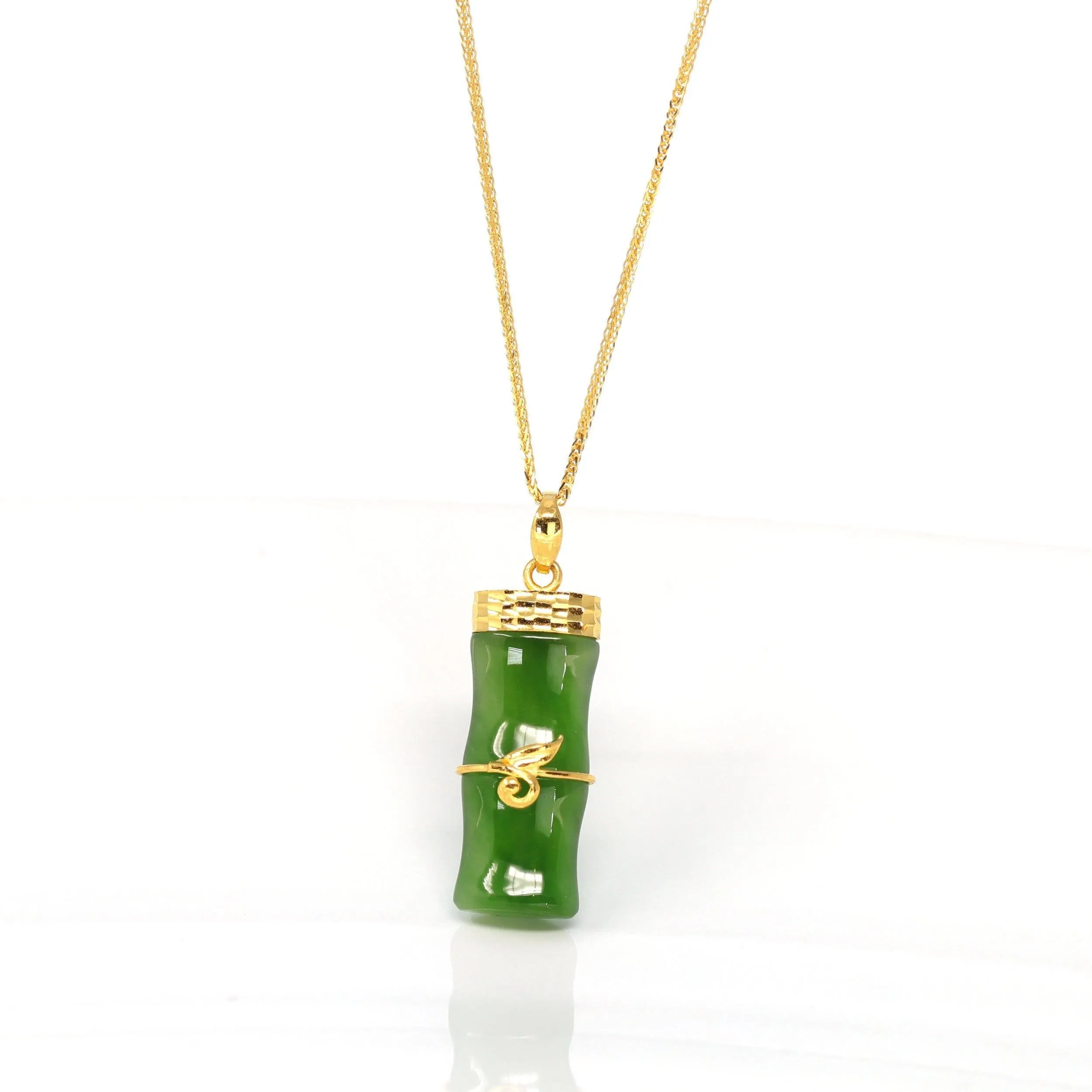 24k Yellow Gold Genuine Nephrite Green Jade Bamboo Pendant Necklace