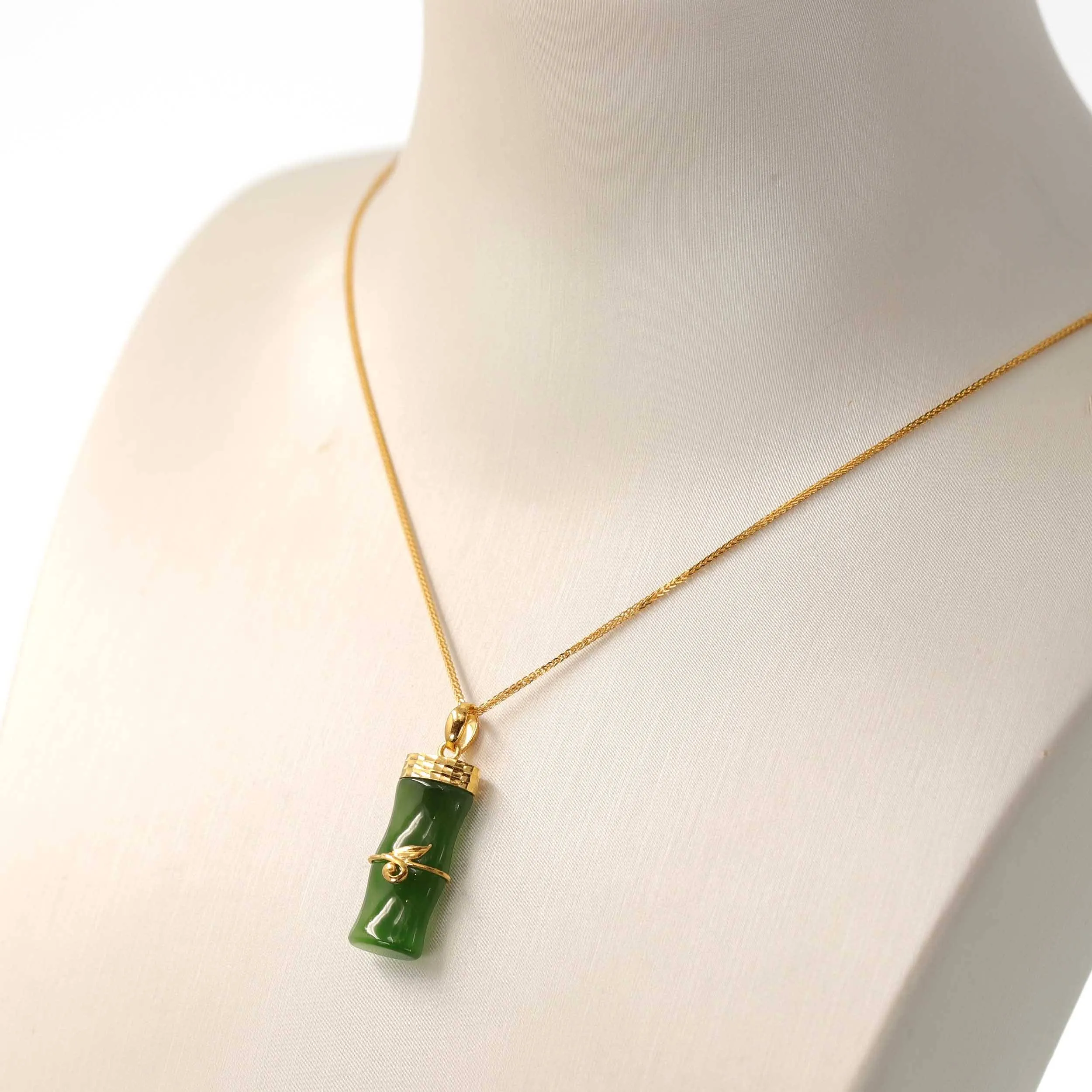 24k Yellow Gold Genuine Nephrite Green Jade Bamboo Pendant Necklace