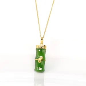 24k Yellow Gold Genuine Nephrite Green Jade Bamboo Pendant Necklace