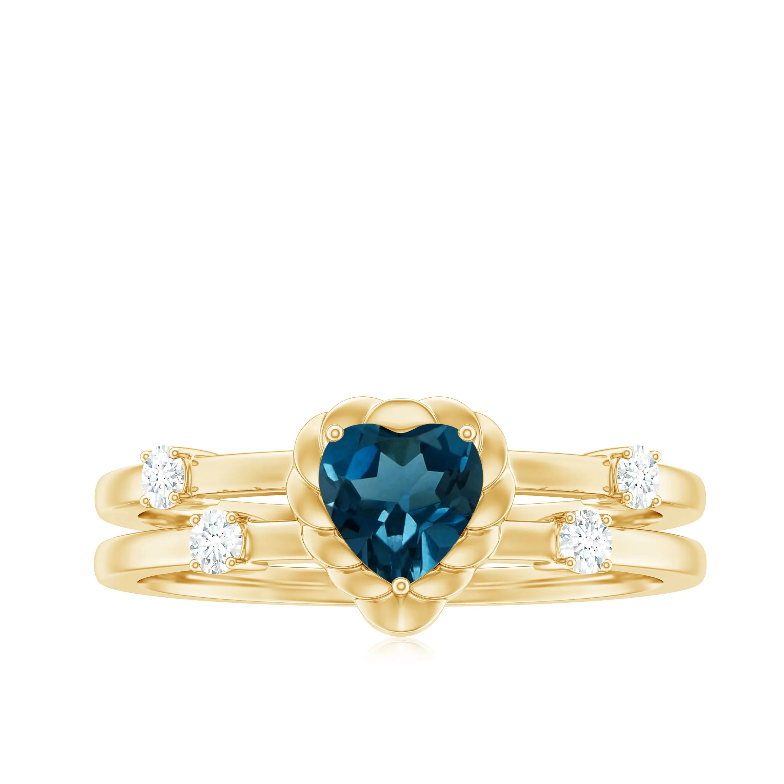 3/4 CT Heart Shape London Blue Topaz Double Band Ring with Diamond