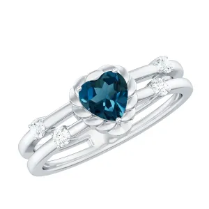 3/4 CT Heart Shape London Blue Topaz Double Band Ring with Diamond