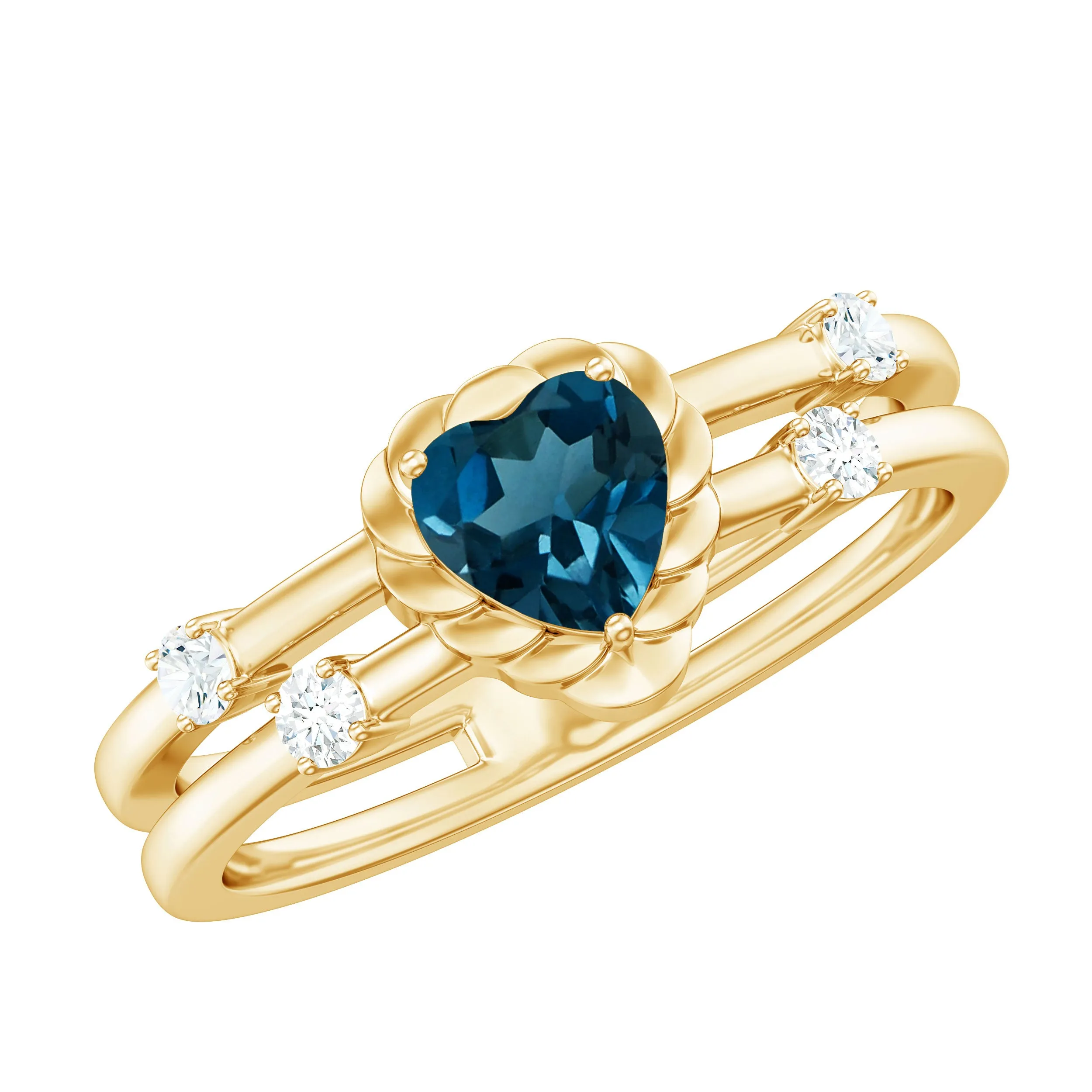 3/4 CT Heart Shape London Blue Topaz Double Band Ring with Diamond