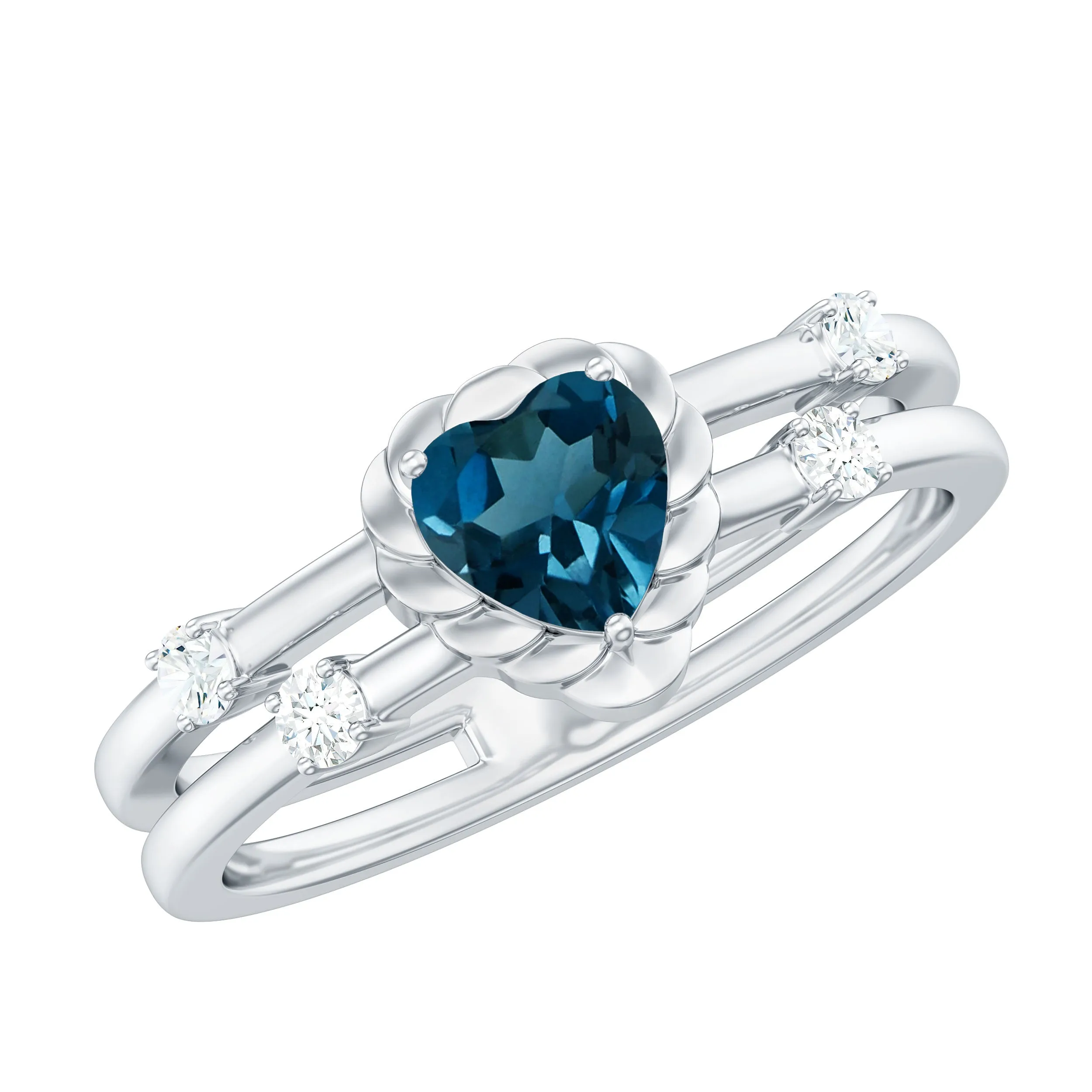 3/4 CT Heart Shape London Blue Topaz Double Band Ring with Diamond