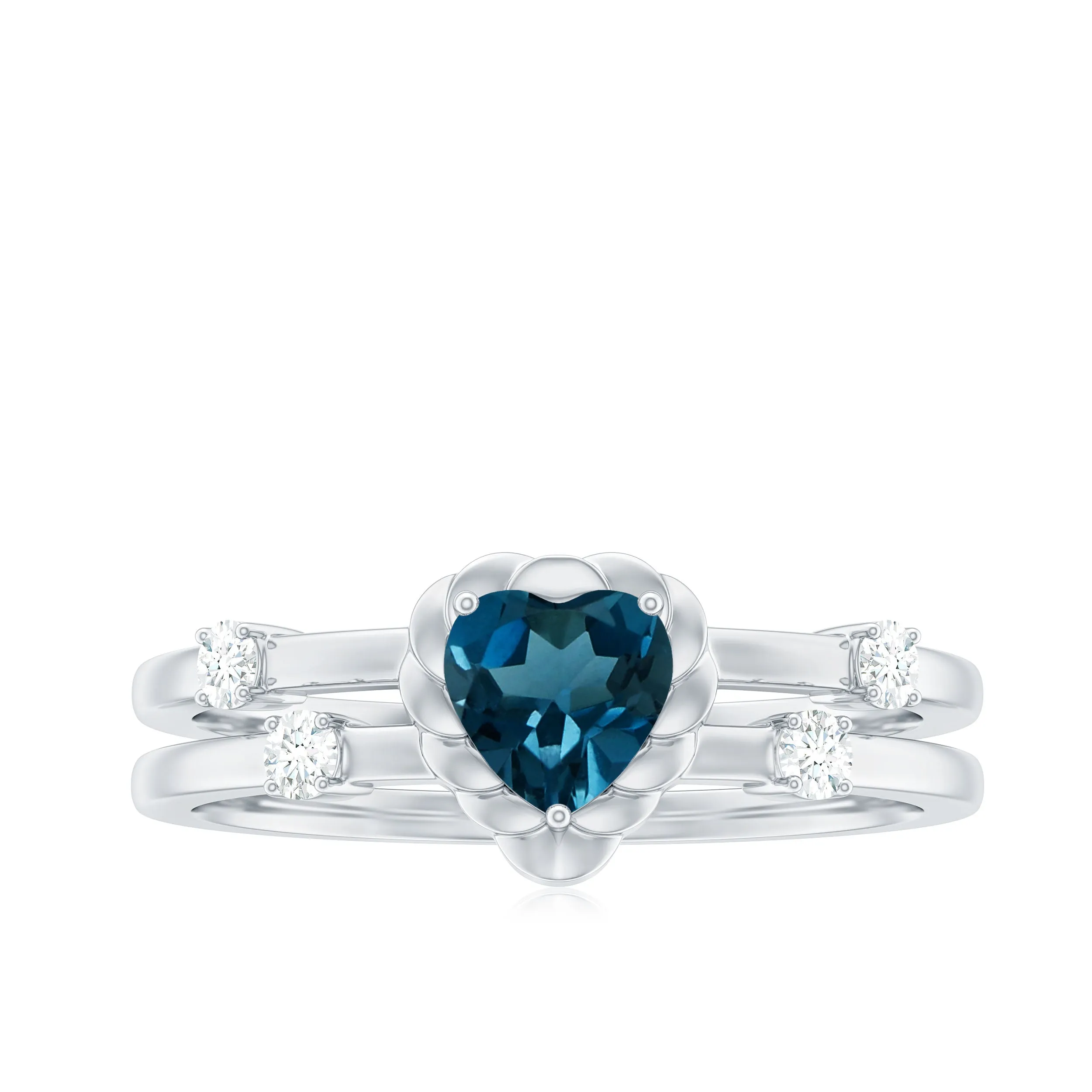 3/4 CT Heart Shape London Blue Topaz Double Band Ring with Diamond