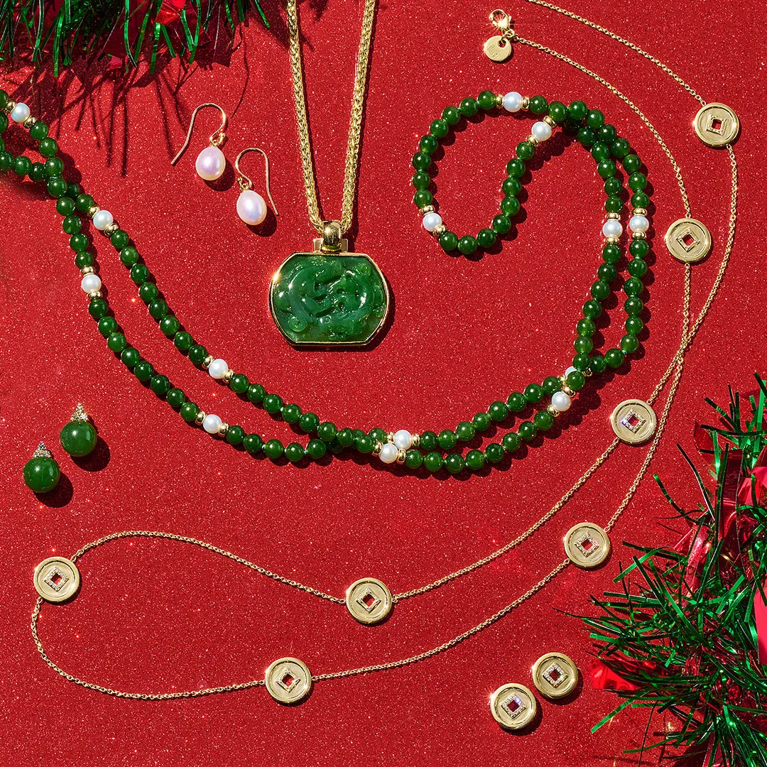 5mm Green Nephrite Jade & Pearl Station Rope Necklace