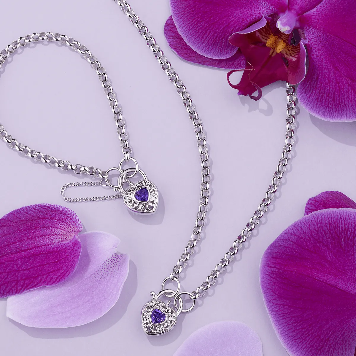 Amethyst Belcher Heart Padlock Bracelet in Sterling Silver
