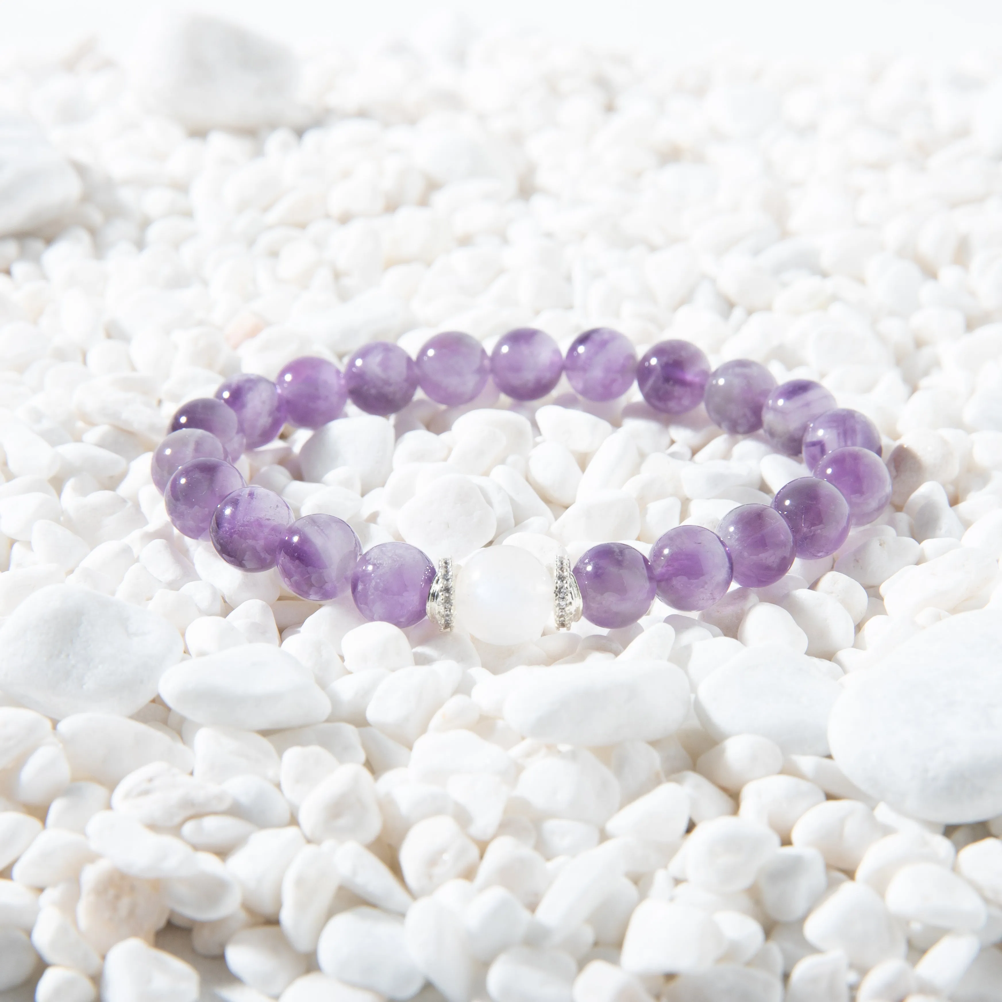Amethyst bracelet, enhancing inspiration, relieving anxiety, and stimulating potential.