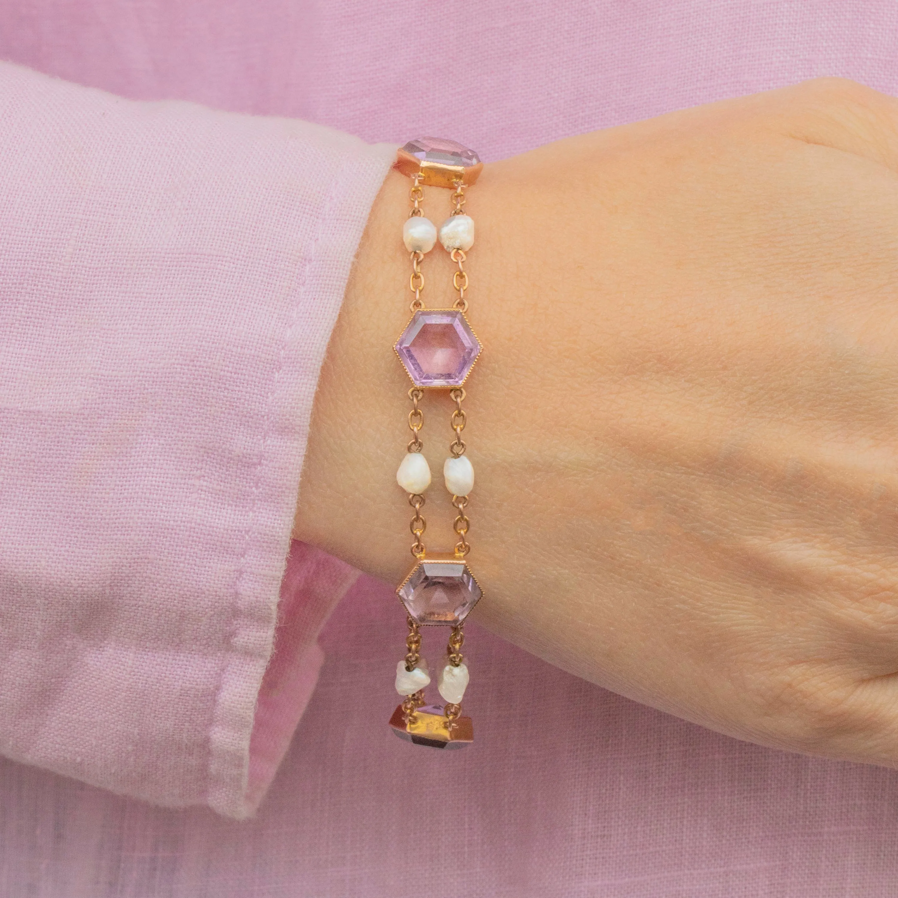 Antique 15ct Gold Amethyst Baroque Pearl Bracelet, 11.50ct