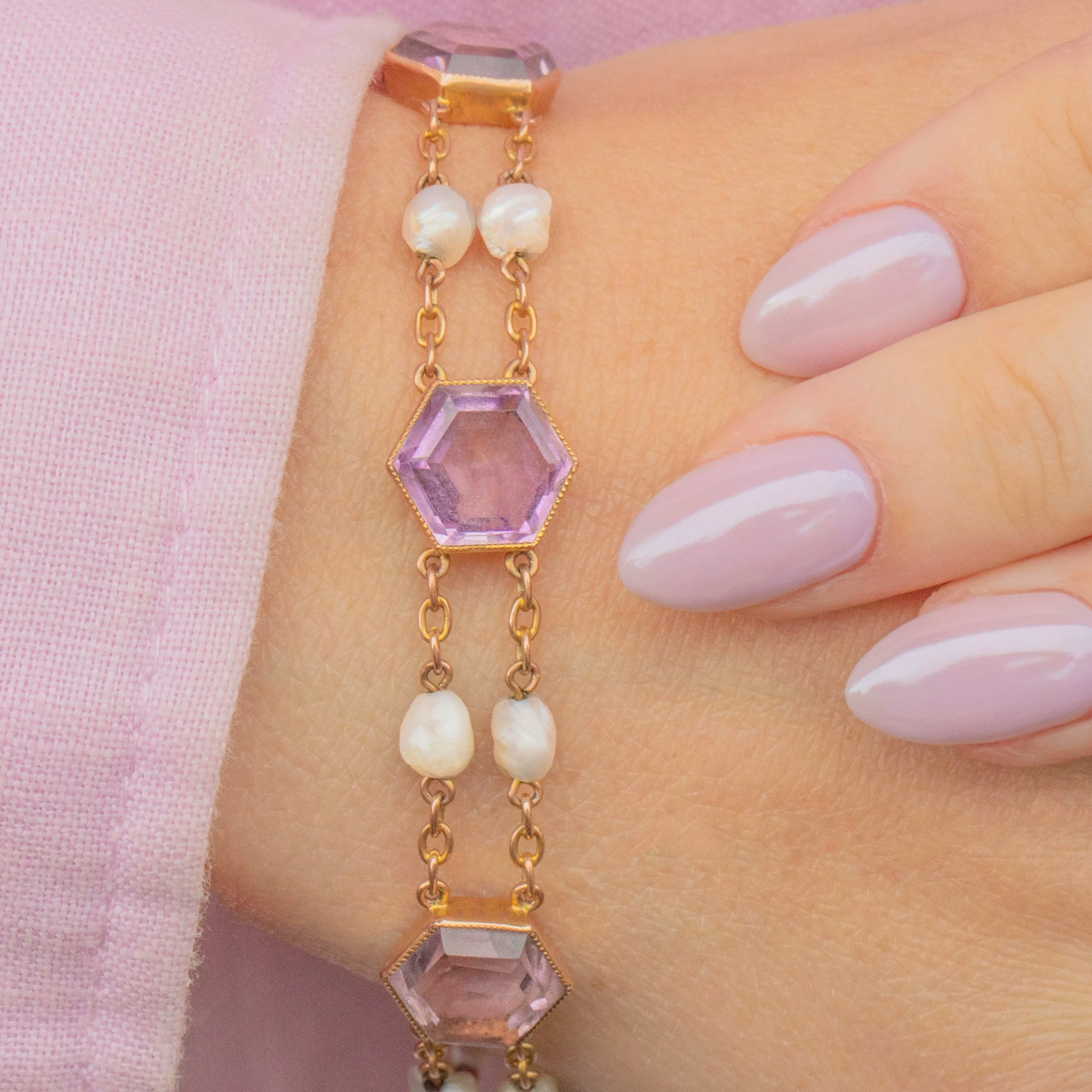 Antique 15ct Gold Amethyst Baroque Pearl Bracelet, 11.50ct