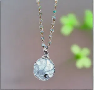 Antique Button Necklace, Carved Shell with Opal Chain
