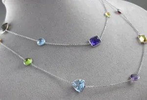 ANTIQUE LONG AAA MULTI COLOR & MULTI SHAPE .52 CARATS 14KT WHITE 3D NECKLACE