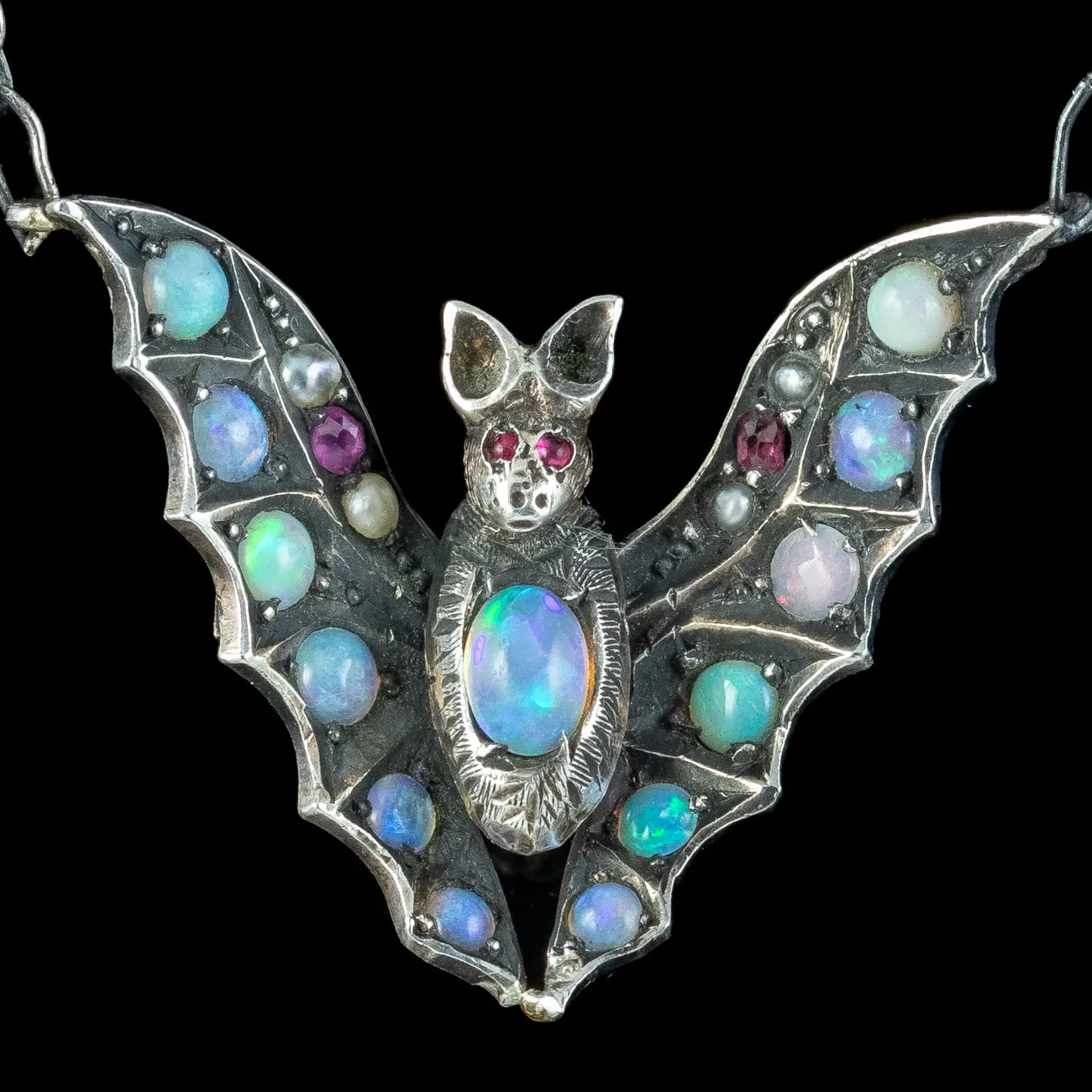 Antique Victorian Arts And Crafts Opal Ruby Bat Necklace
