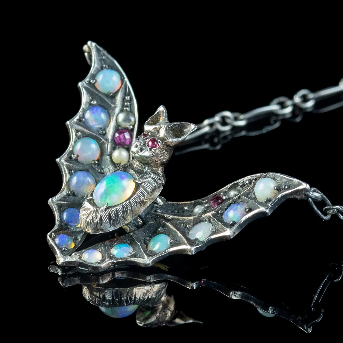 Antique Victorian Arts And Crafts Opal Ruby Bat Necklace