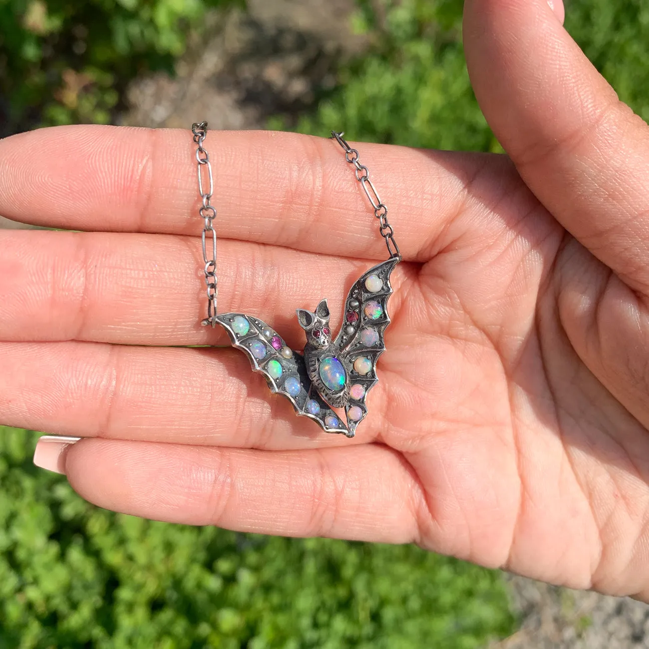 Antique Victorian Arts And Crafts Opal Ruby Bat Necklace