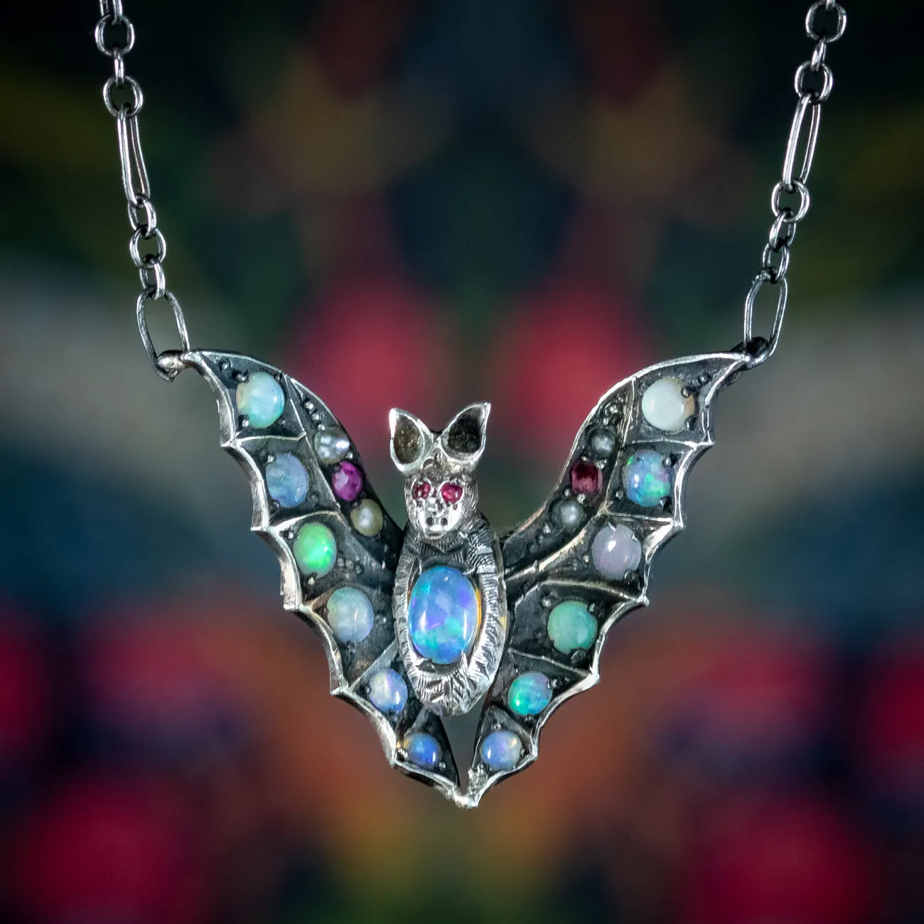Antique Victorian Arts And Crafts Opal Ruby Bat Necklace