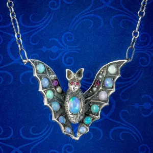 Antique Victorian Arts And Crafts Opal Ruby Bat Necklace
