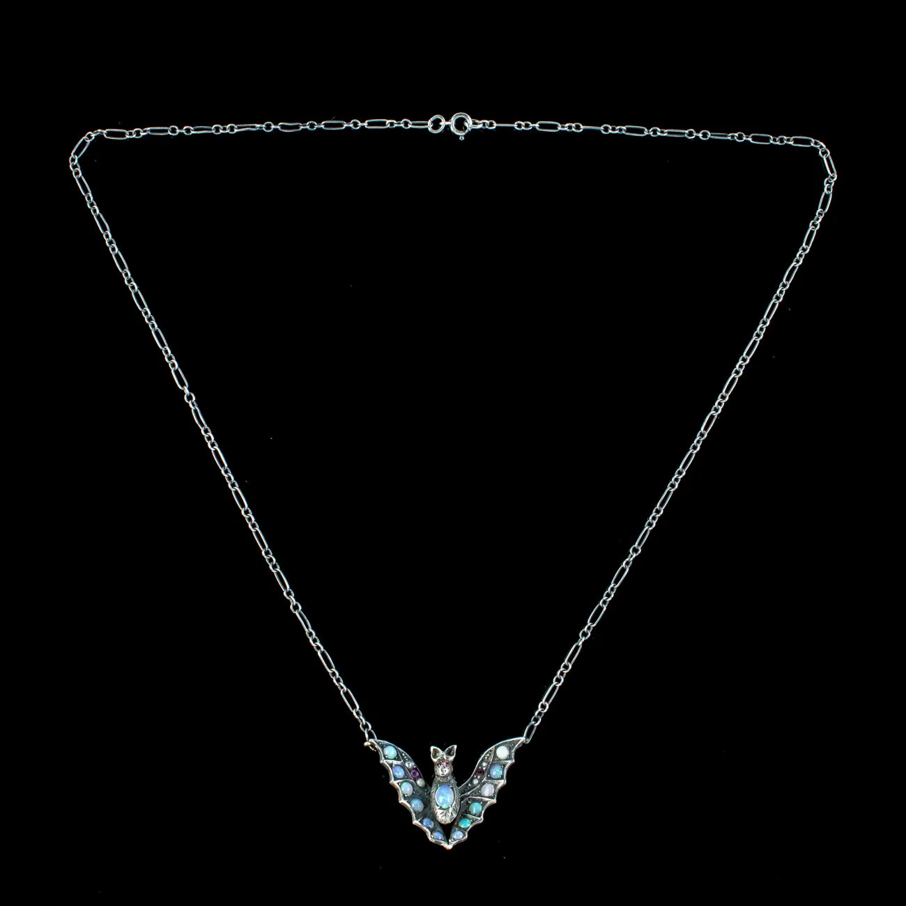 Antique Victorian Arts And Crafts Opal Ruby Bat Necklace