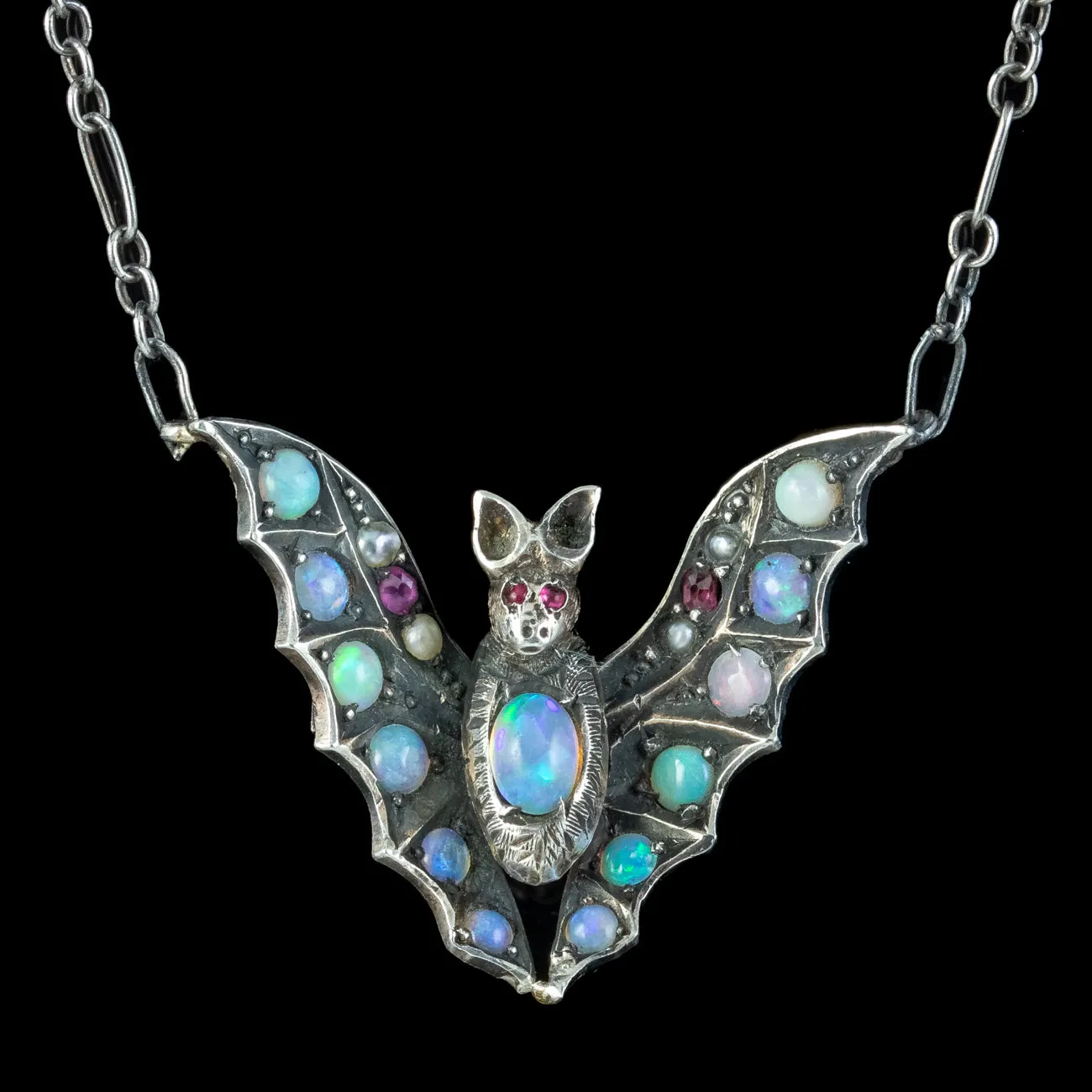 Antique Victorian Arts And Crafts Opal Ruby Bat Necklace