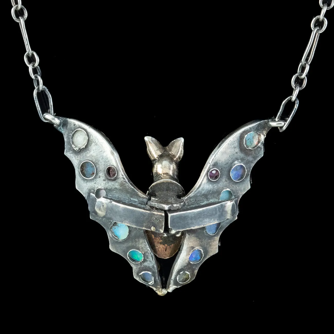 Antique Victorian Arts And Crafts Opal Ruby Bat Necklace