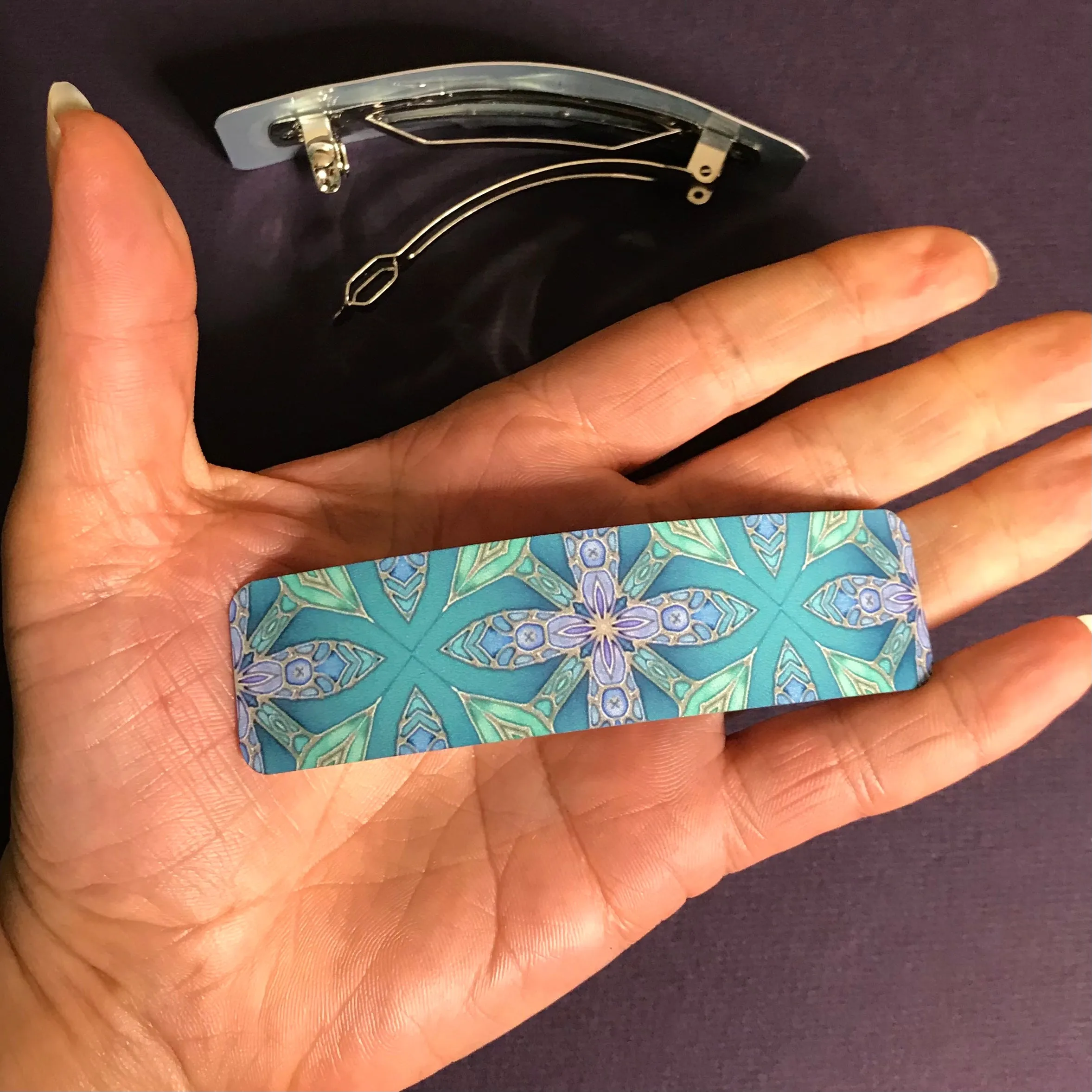 Aqua Lilac Hair Barrette - Arts and Crafts Style Hair Clip