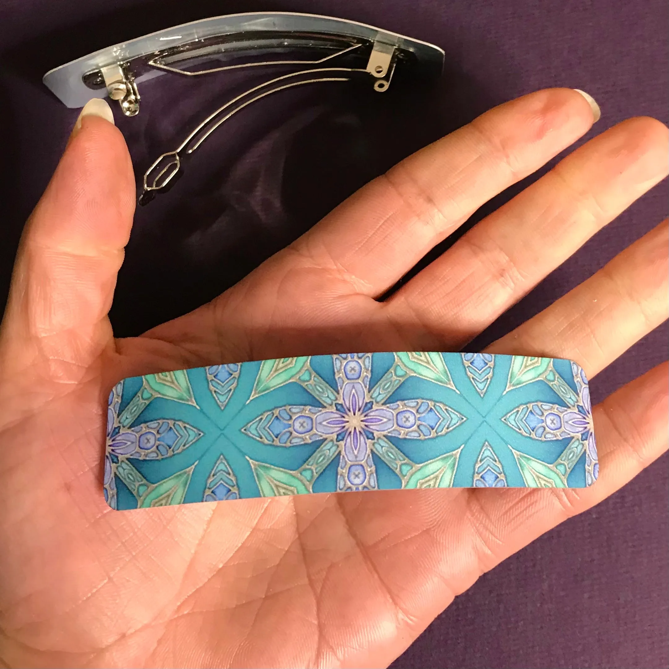 Aqua Lilac Hair Barrette - Arts and Crafts Style Hair Clip