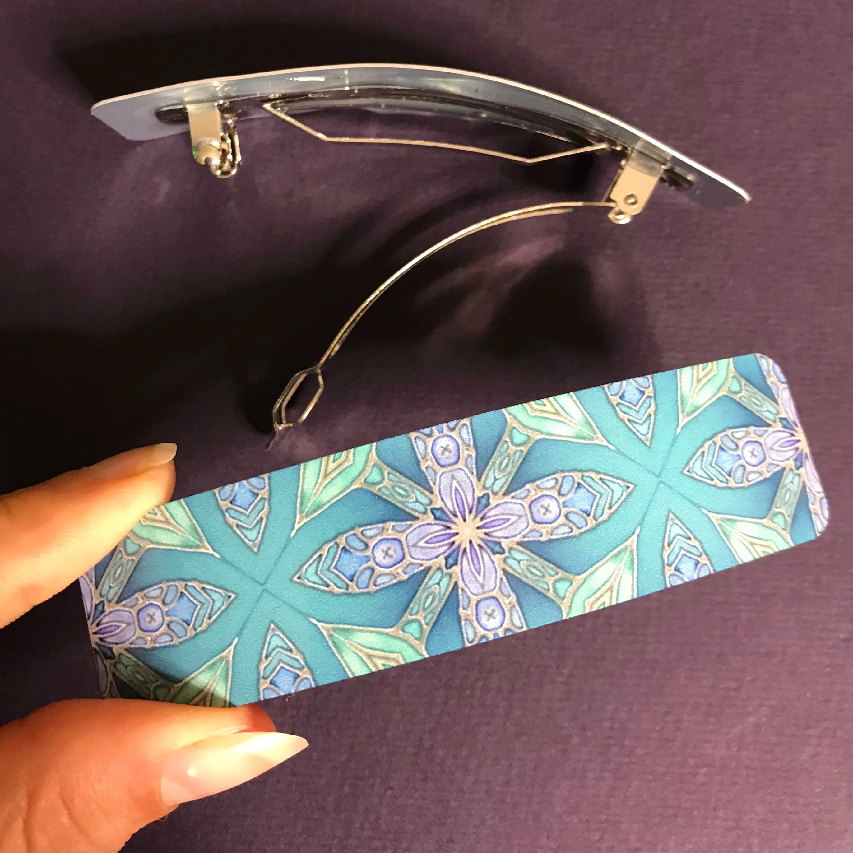 Aqua Lilac Hair Barrette - Arts and Crafts Style Hair Clip