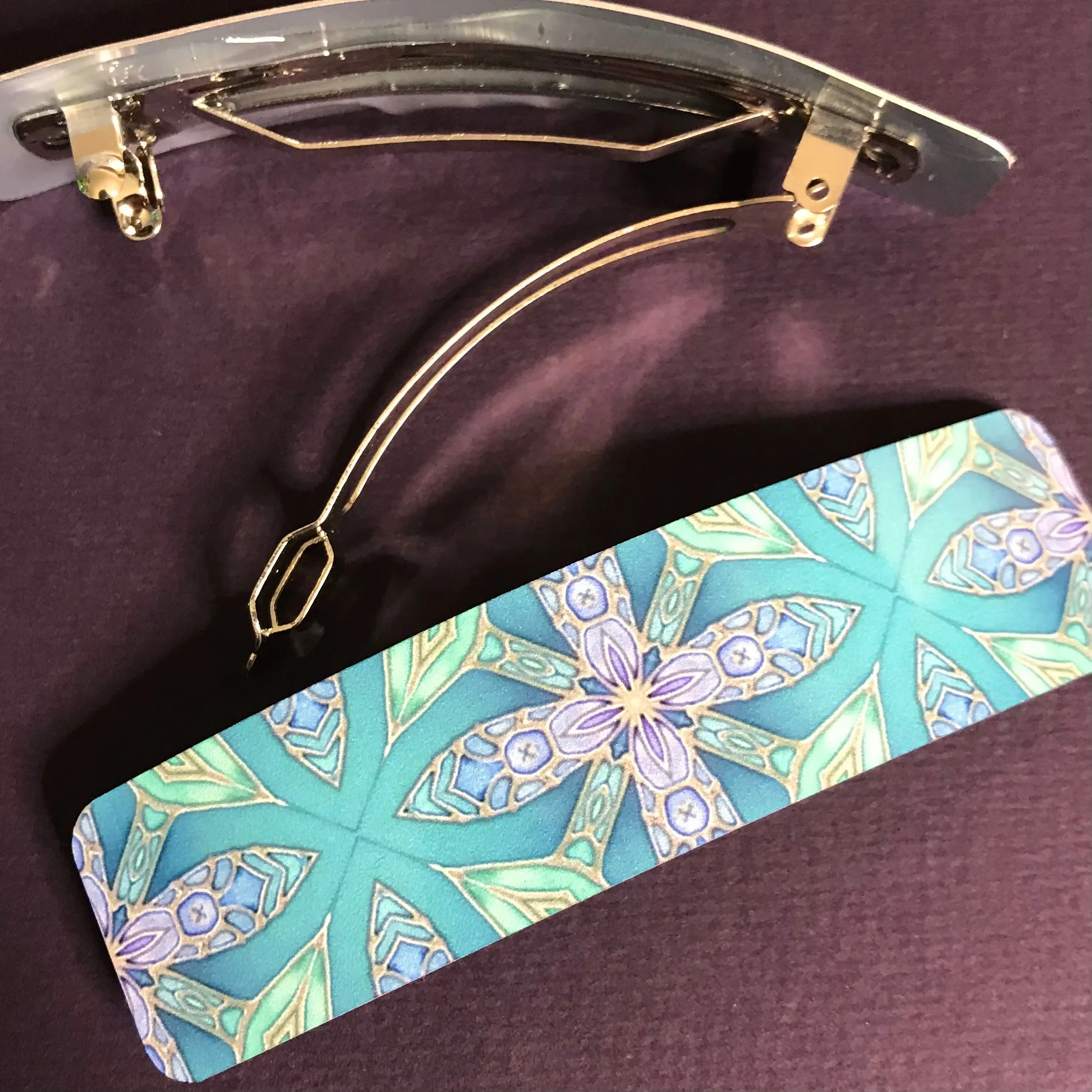 Aqua Lilac Hair Barrette - Arts and Crafts Style Hair Clip