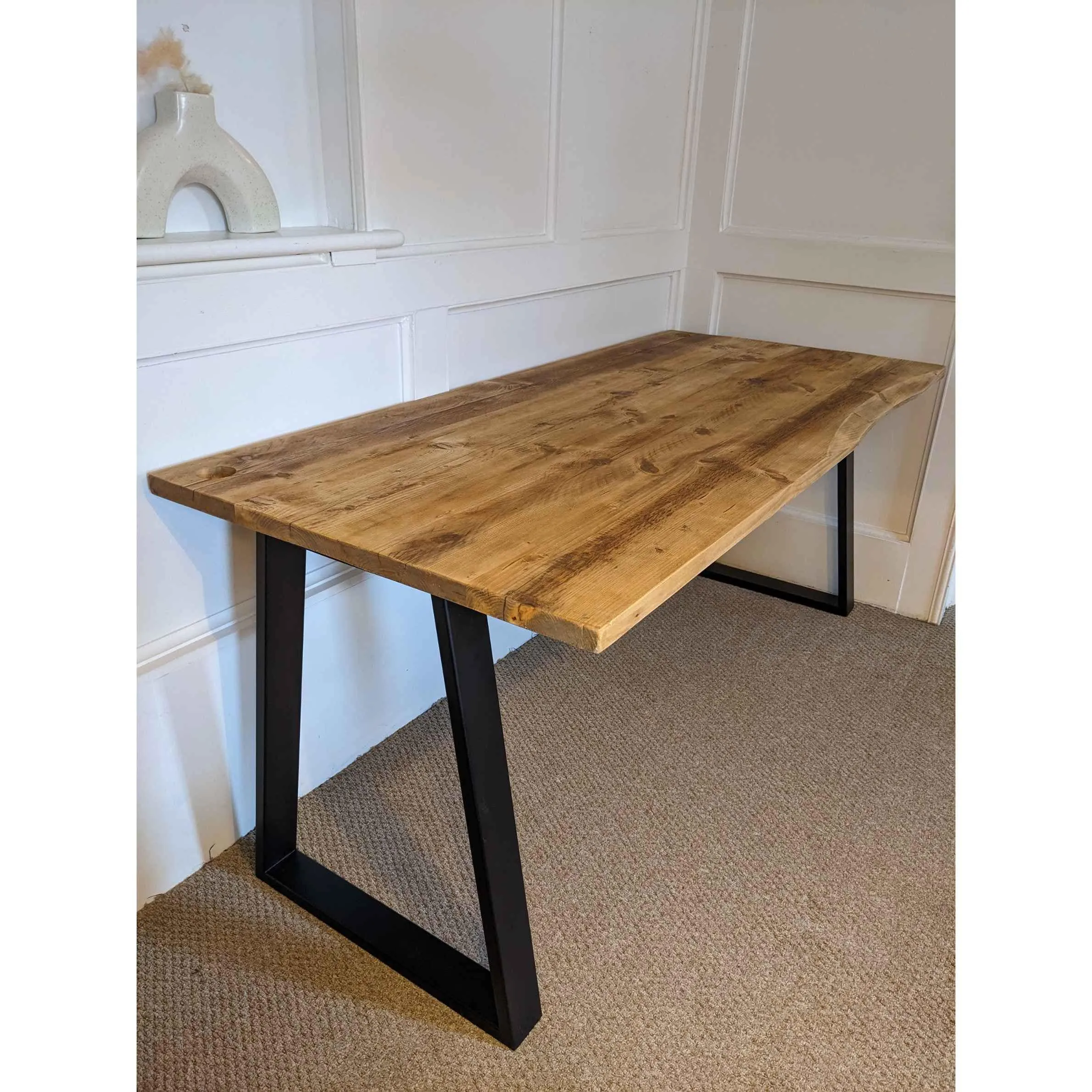 ARAV: Reclaimed Bevelled Edged Desk with Trapezium Legs and Cabling Holes