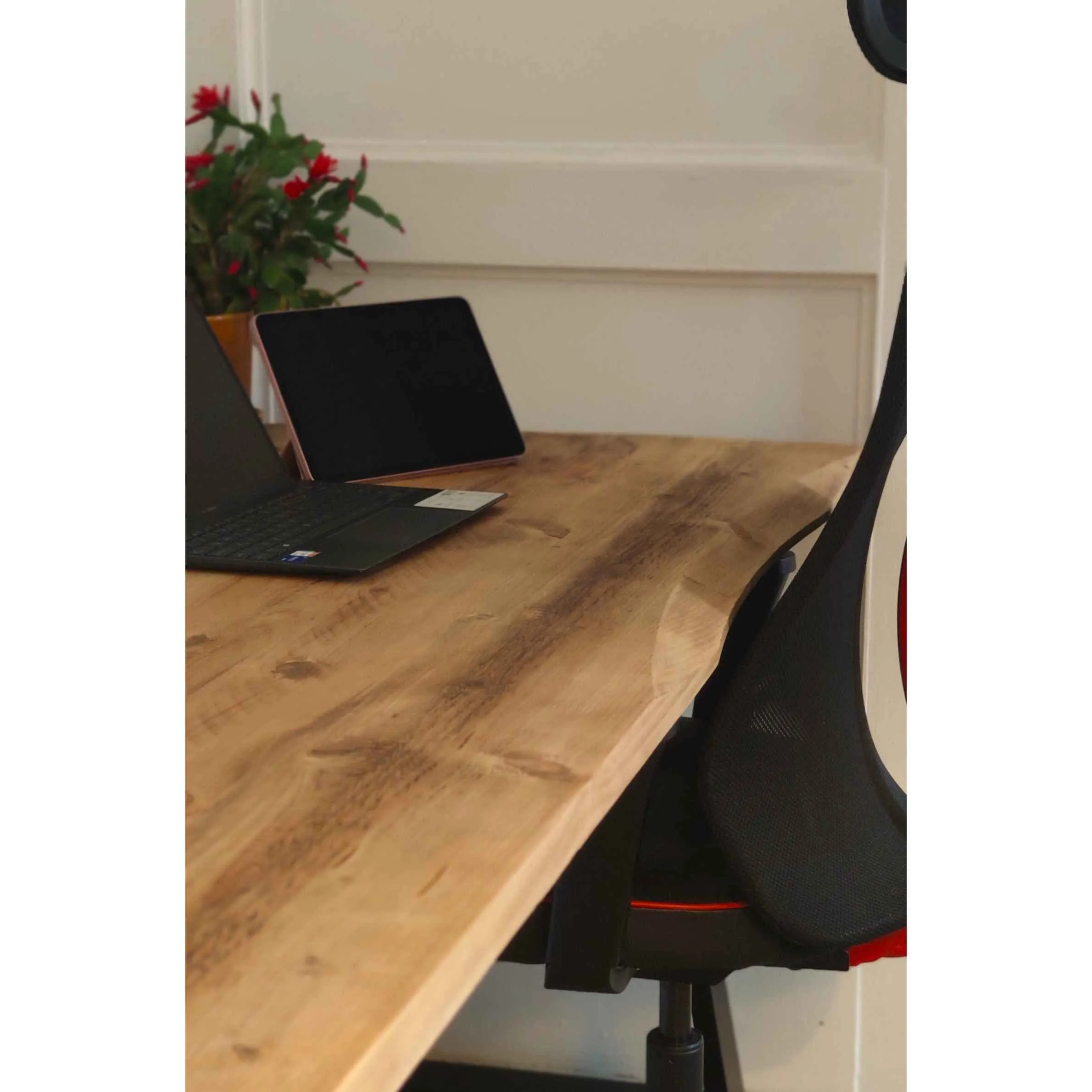 ARAV: Reclaimed Bevelled Edged Desk with Trapezium Legs and Cabling Holes