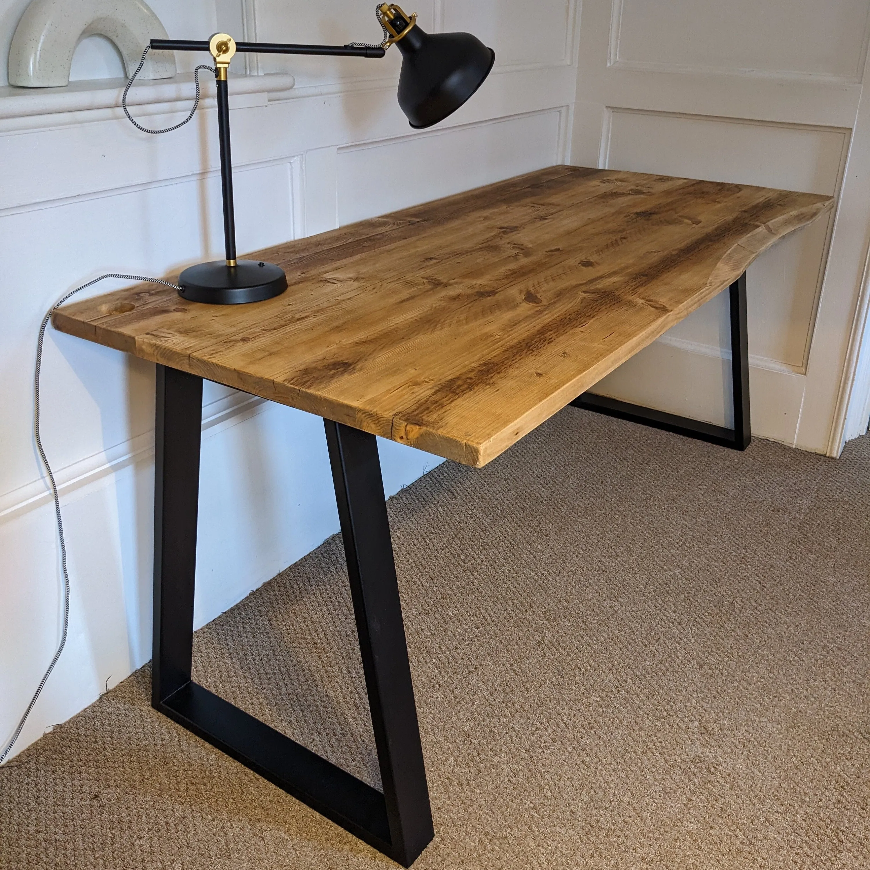 ARAV: Reclaimed Bevelled Edged Desk with Trapezium Legs and Cabling Holes
