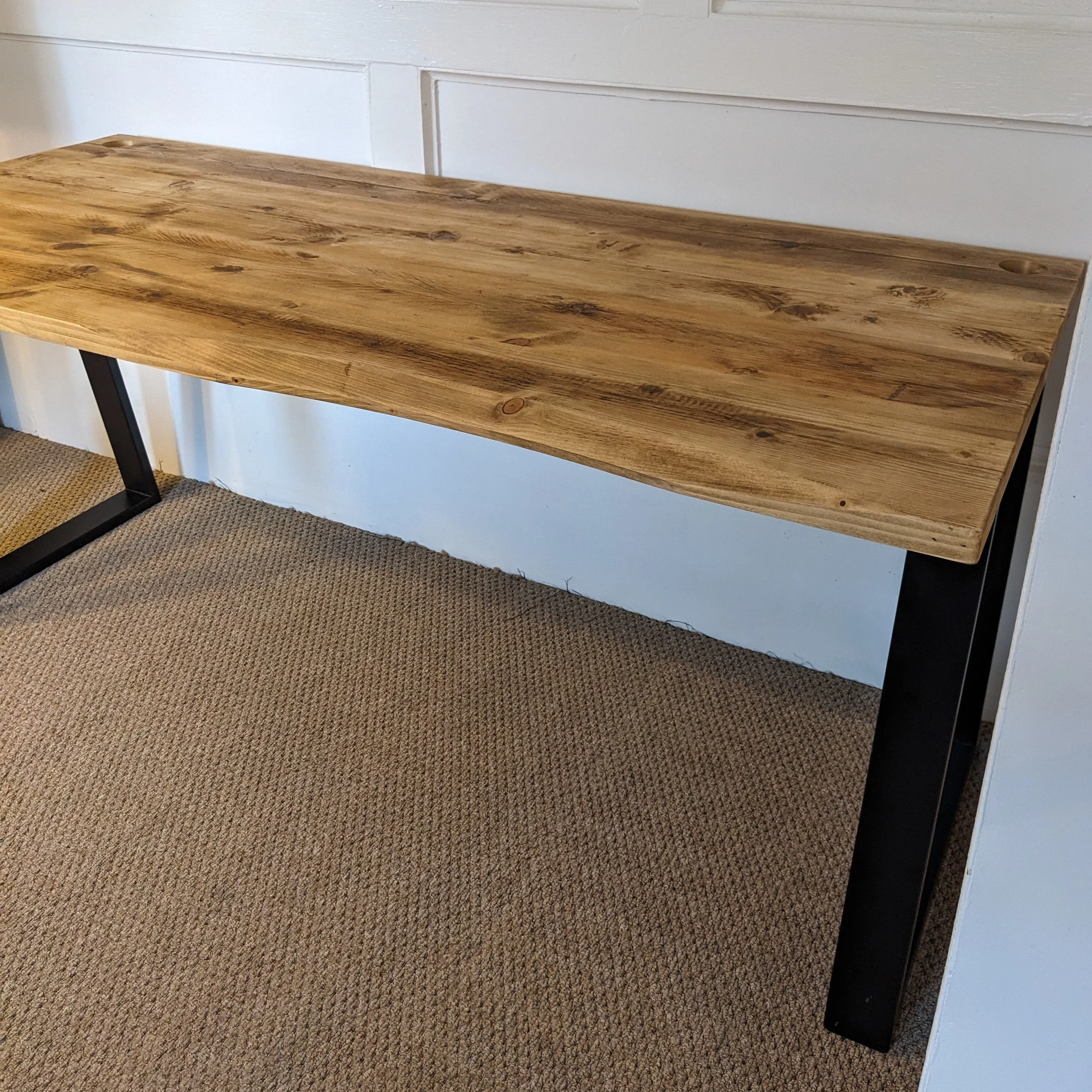 ARAV: Reclaimed Bevelled Edged Desk with Trapezium Legs and Cabling Holes