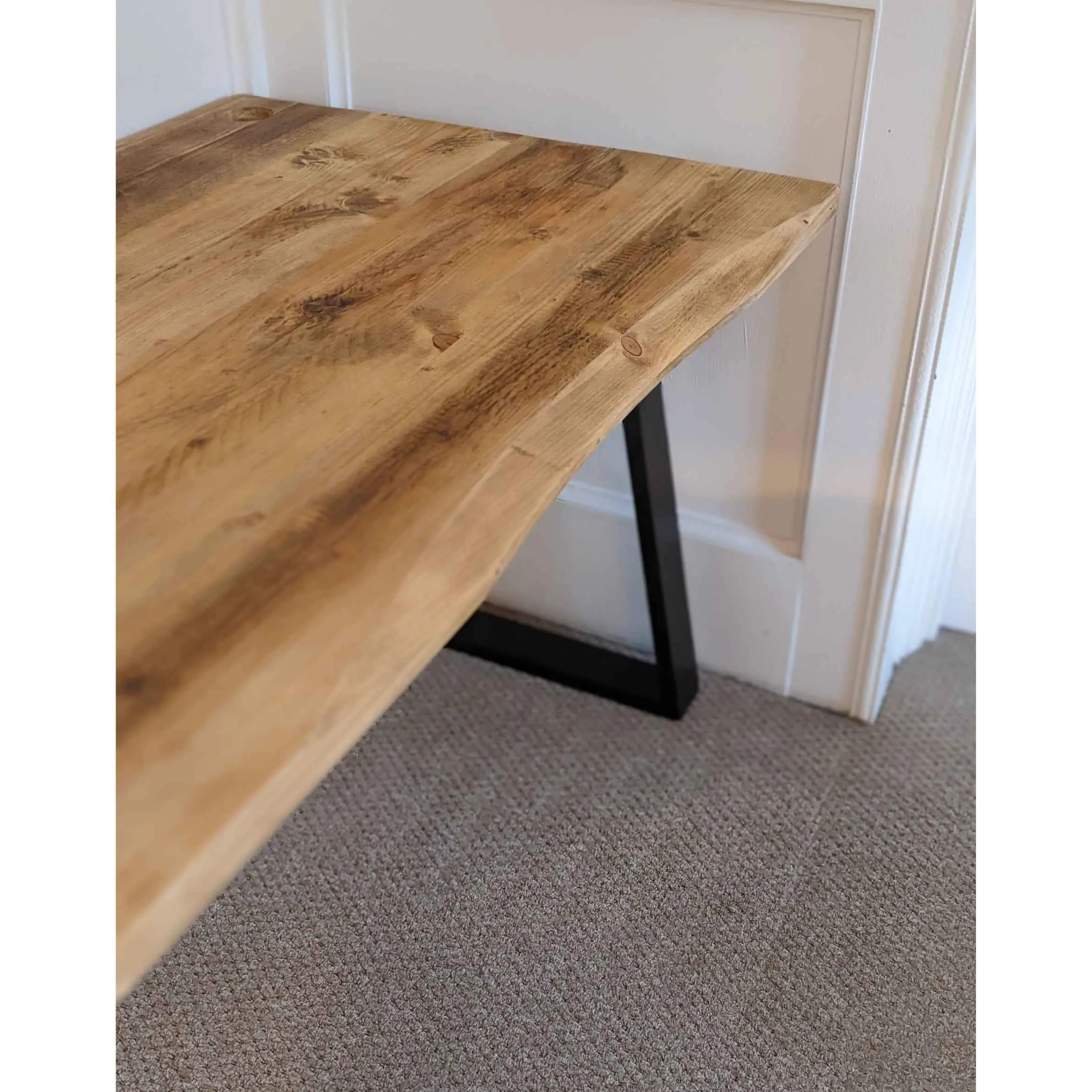 ARAV: Reclaimed Bevelled Edged Desk with Trapezium Legs and Cabling Holes
