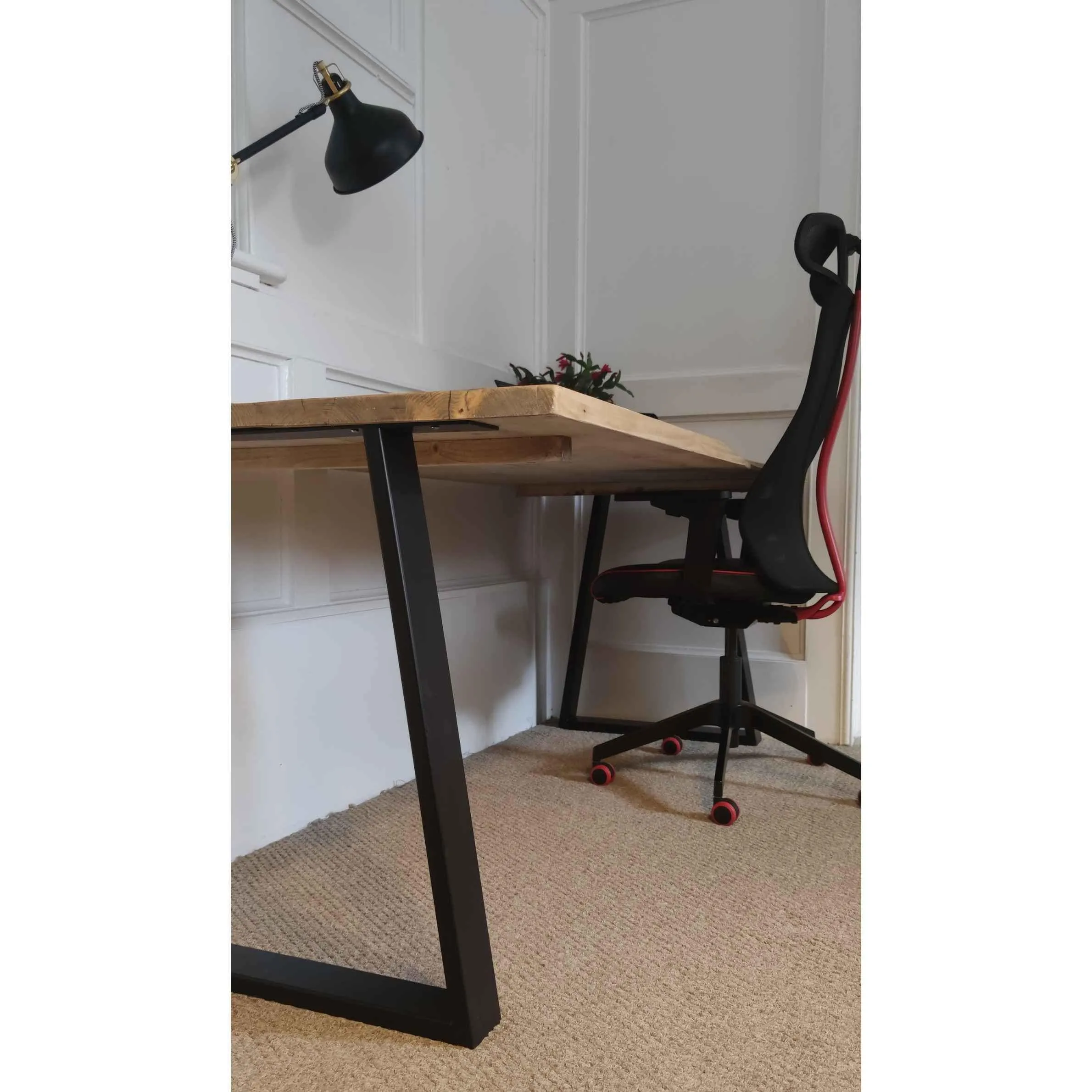ARAV: Reclaimed Bevelled Edged Desk with Trapezium Legs and Cabling Holes