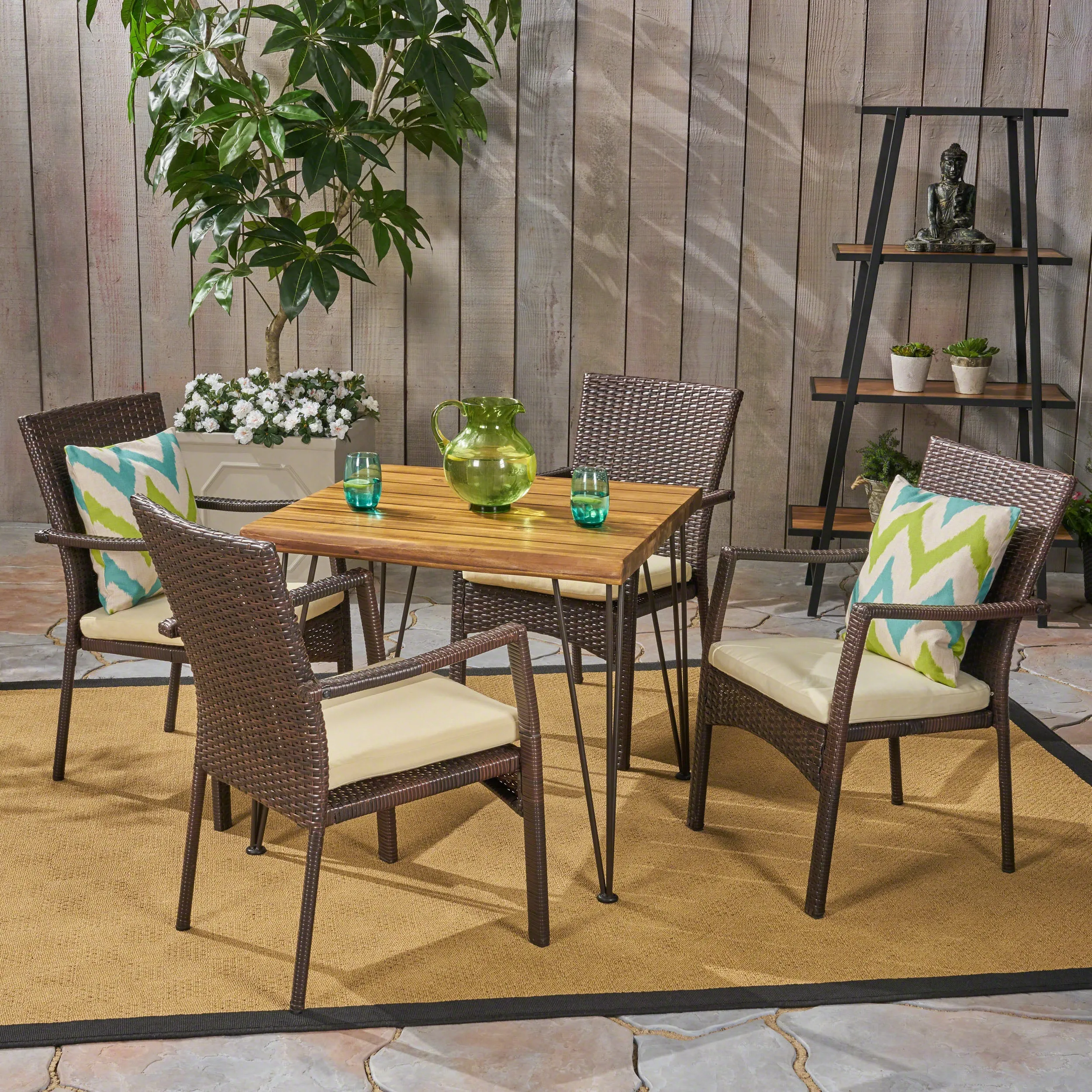 Archie Outdoor Industrial Wood and Wicker 5 Piece Square Dining Set, Teak and Brown and Cr¨¨me