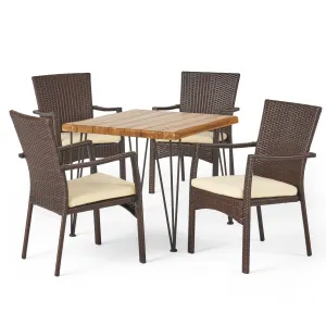 Archie Outdoor Industrial Wood and Wicker 5 Piece Square Dining Set, Teak and Brown and Cr¨¨me