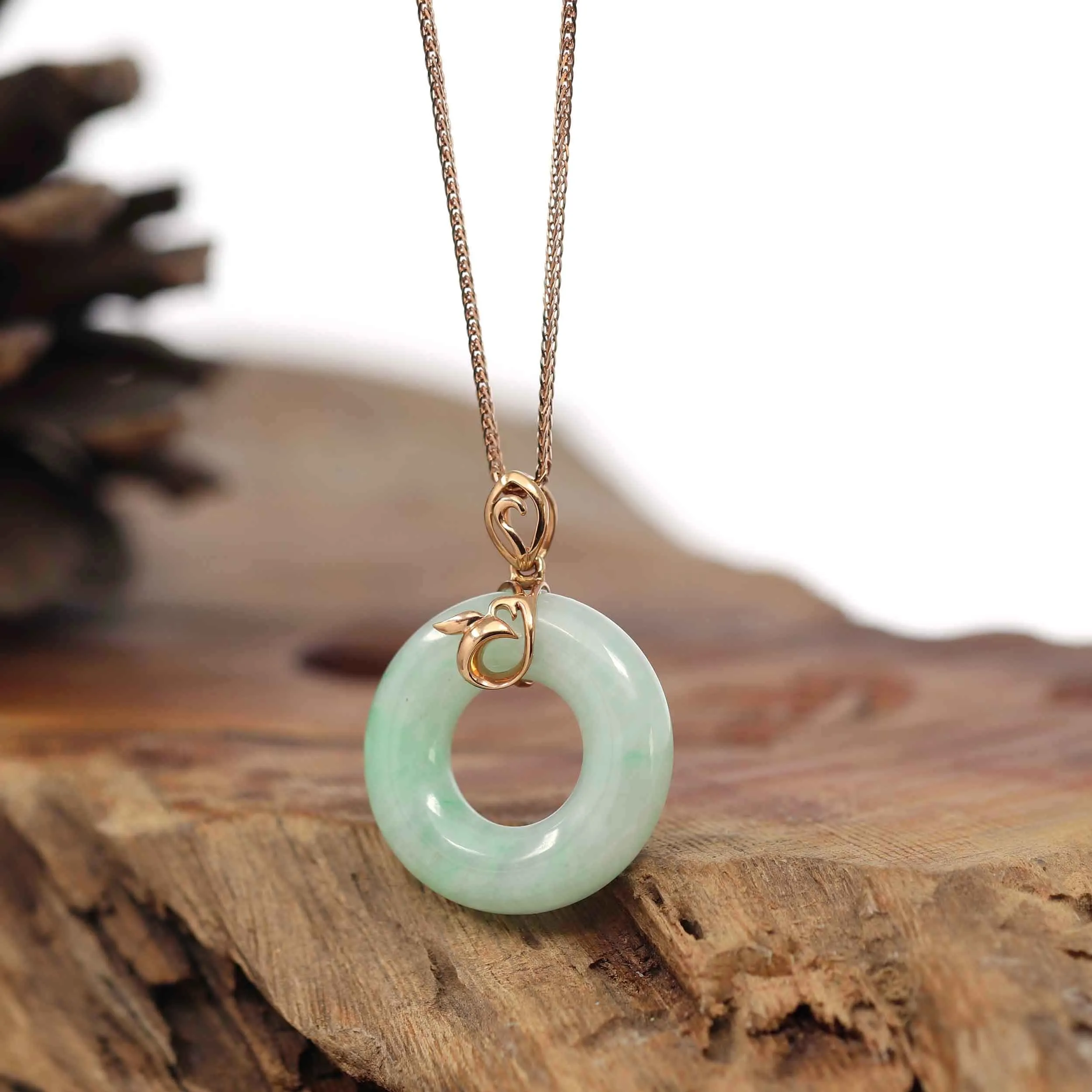 Baikalla™ "Good Luck Birdie" 18k Rose Gold Genuine Burmese Jadeite Lucky Kou Kou Pendant Necklace