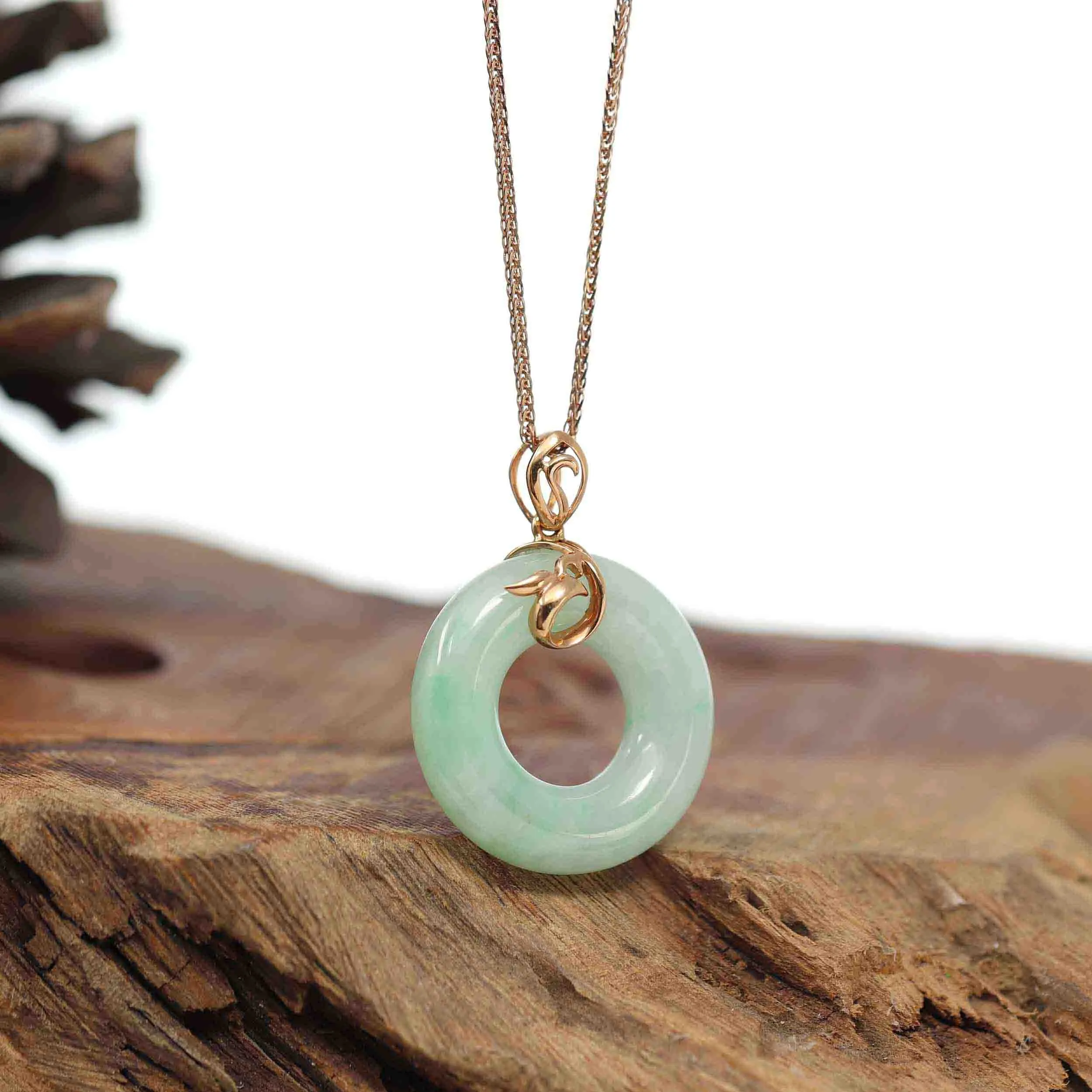 Baikalla™ "Good Luck Birdie" 18k Rose Gold Genuine Burmese Jadeite Lucky Kou Kou Pendant Necklace