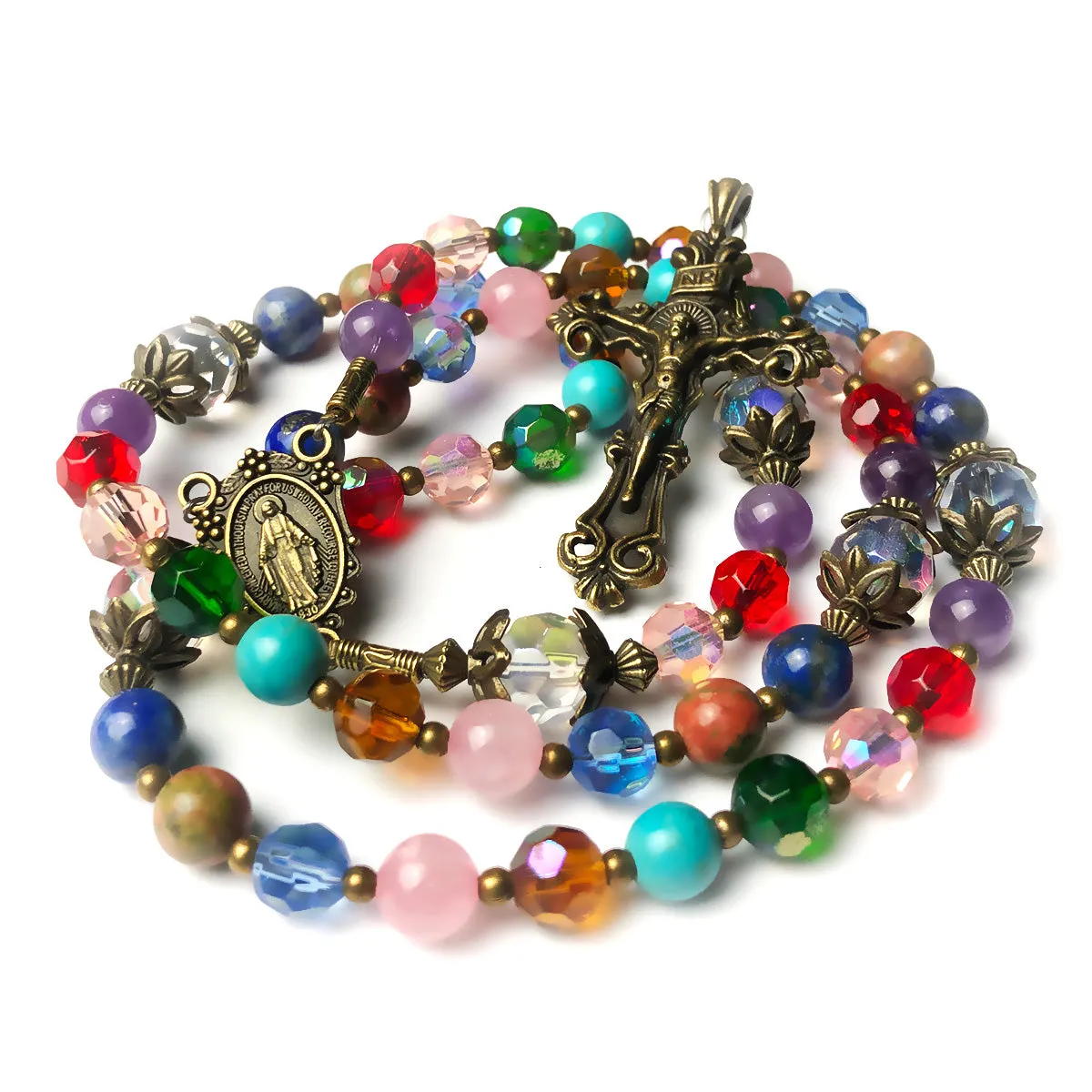 Basilica Window Crystal and Stone Rosary With Miraculous Medal by Catholic Heirlooms - Confirmation - Holy Communion Gift - Rosary Necklace