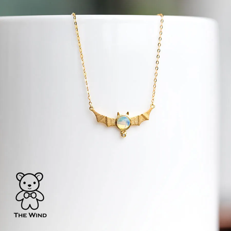 Bat Design Australian Solid Opal & Diamond Necklace 18K Yellow Gold