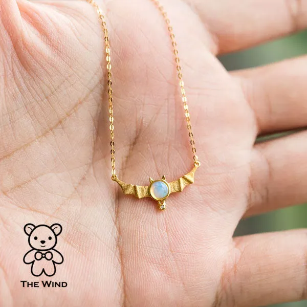 Bat Design Australian Solid Opal & Diamond Necklace 18K Yellow Gold