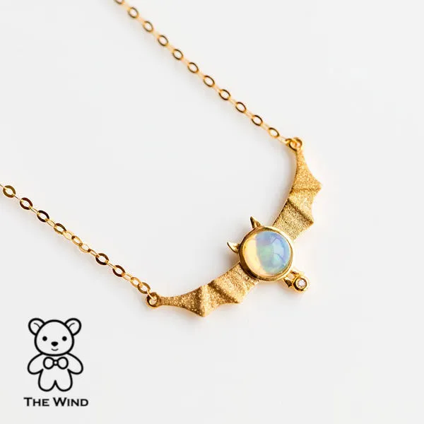 Bat Design Australian Solid Opal & Diamond Necklace 18K Yellow Gold