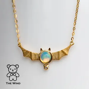 Bat Design Australian Solid Opal & Diamond Necklace 18K Yellow Gold