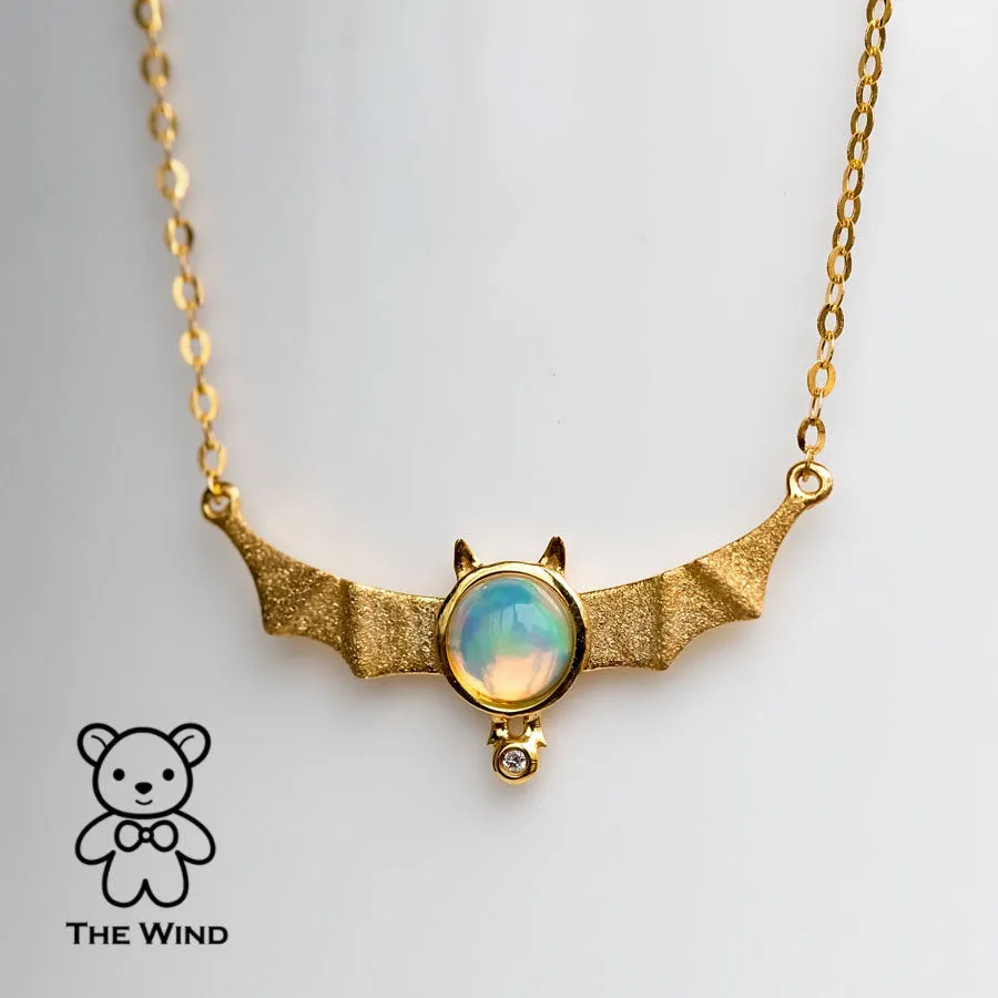 Bat Design Australian Solid Opal & Diamond Necklace 18K Yellow Gold