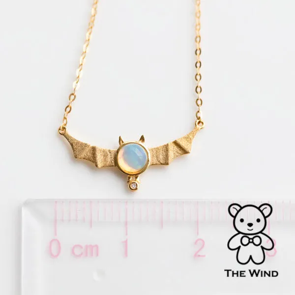 Bat Design Australian Solid Opal & Diamond Necklace 18K Yellow Gold