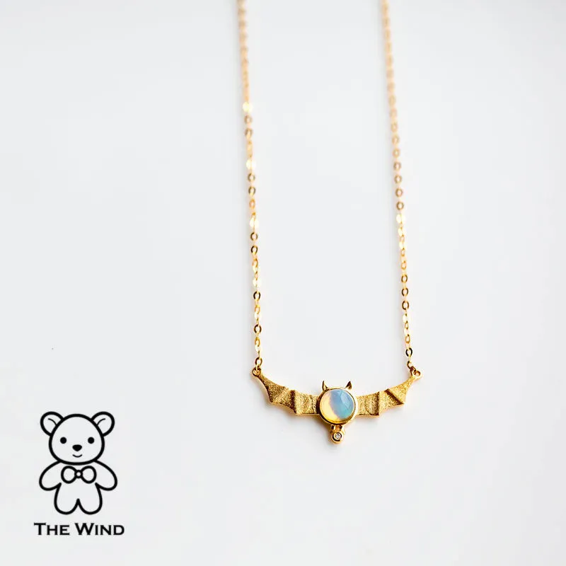 Bat Design Australian Solid Opal & Diamond Necklace 18K Yellow Gold