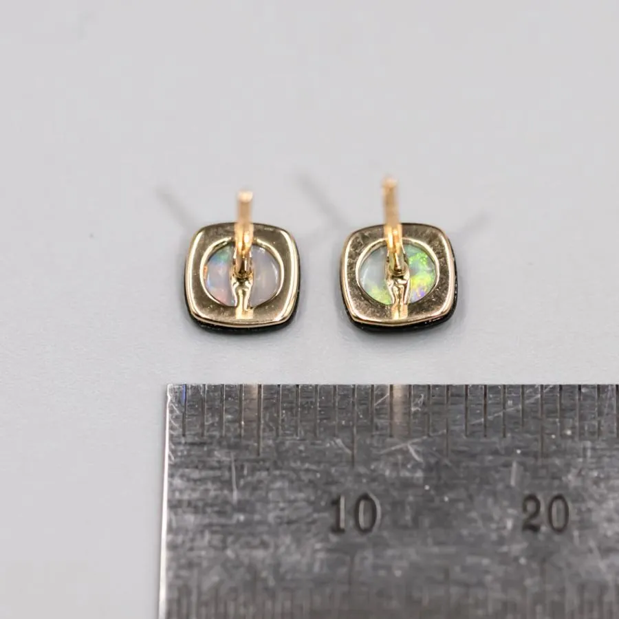 Black Agate Round Australian Solid Opal Stud Earrings 18K Yellow Gold