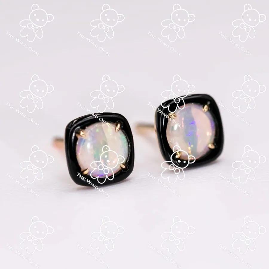 Black Agate Round Australian Solid Opal Stud Earrings 18K Yellow Gold