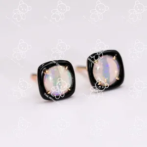 Black Agate Round Australian Solid Opal Stud Earrings 18K Yellow Gold